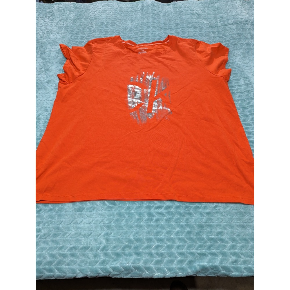 Calvin Klein Womens Orange Silver Metallic Logo Graphic T-Shirt Size‎ L